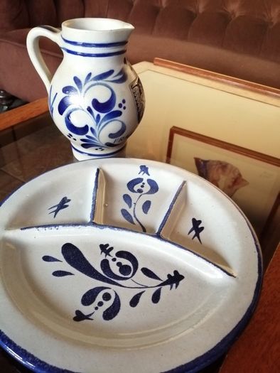 Set of Two Vintage German Salt Glazed stoneware Jugs and a French Fondue or Nibbles Plate.