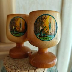 Pair of Kitsch Lourdes wooden  egg cups.