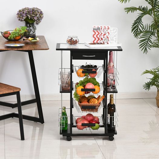 4-Tier Kitchen Trolley Cart on Rolling Wheels with 4 Removable Baskets, 4 Side Rack Organizer,Ceramics Tile Top