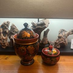 Vintage Khokhloma Hand Painted Wooden Tea & Sugar