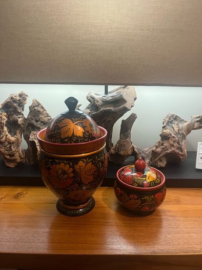 Vintage Khokhloma Hand Painted Wooden Tea & Sugar