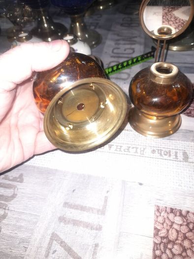 4 Beautiful Old Mirror Blue, Green, Brown Glass Oil Lamps, Postage Available