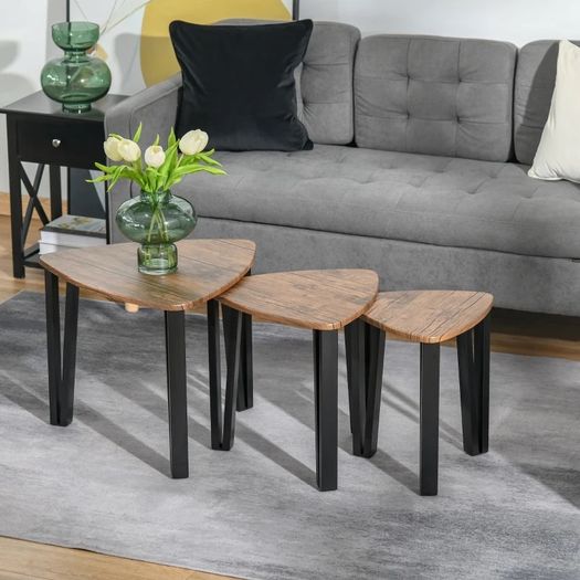 3 PCs Stackable Coffee Table Set Accent Furniture MDF Steel Frame Walnut (FREE POSTAGE)
