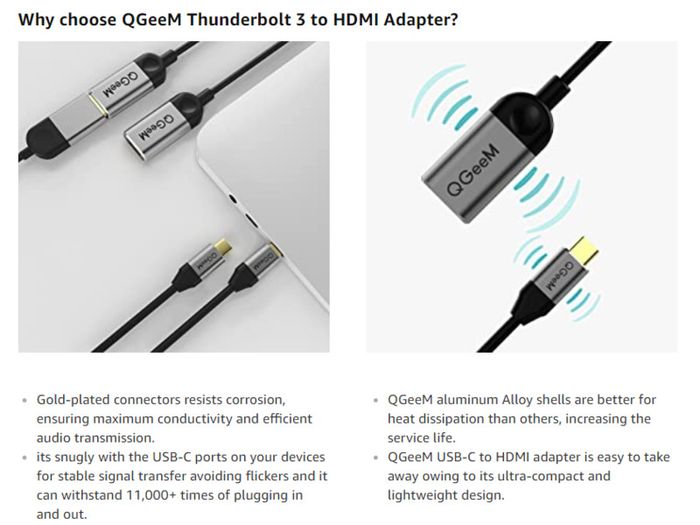 QGeeM USB-C Type (Thunderbolt 3 Compatible) HDMI Female (UHD 4K/30Hz) Gold-Plated/Nylon Braided/Aluminum Alloy Adapter Cable (Brand New/Warranty)