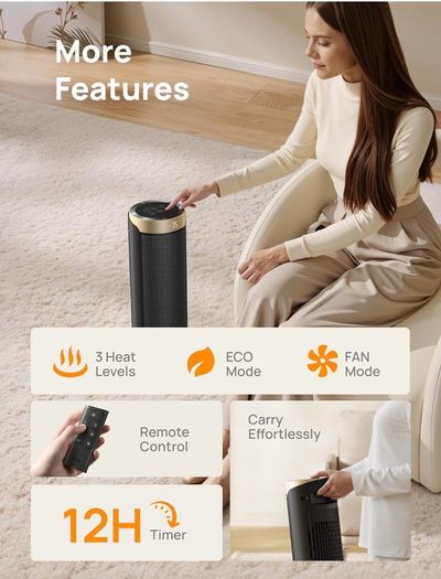 DREO 2000W Heater, 16 Inch Portable with 70 degrees Oscillation Electric Heater with Thermostat & Remote, 3-Mode 3-Speed, 12H Timer for Office Home,Gold