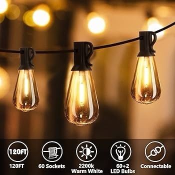 NEW SALE | Outdoor String Lights, 120FT ST38 LED Festoon Lights Outdoor, IP44 Waterproof Globe Garden String Lighting with 60+2 Bulbs, 2200K Outside Patio Lights
