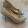 Gold glitter peep-toe heels. Image 2