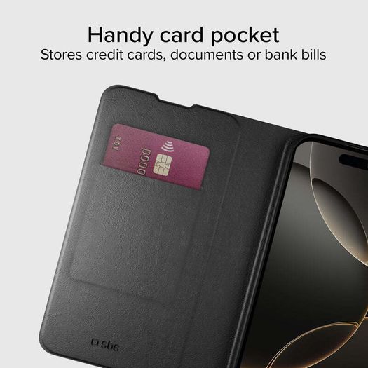 SBS Wallet Smooth Case for iPhone 15 - Soft Touch Finish with Card Slot, Built-in Stand, Magnetic Closure, Easy Access to Buttons, Black