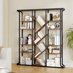 Vintage Bookcase, 3 Column 6 Tier Tree Shaped Bookcase, 17 Compartments