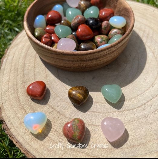 Variety of Crystal Heart Gemstones Rose Quartz, Tigers Eye, Opalite, Clear Quartz, Calcite, and more