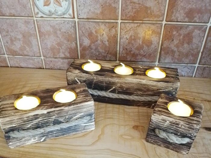 Tealight Holders Handmade From Reclaimed Wood, Shou Sugi Ban Set (+ 6 LED Lights)6