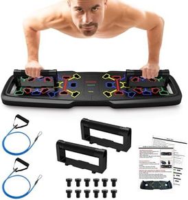 20 in 1 Press Up Board with Resistance Bands,Different color coded pushups board target specific muscle exercise Blue for Chest,Red for Shoulders,Yellow for Back,Green for Triceps