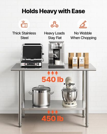 Stainless Steel Food Prep Table Workstation with Adjustable Undershelf  6 x 122 cm