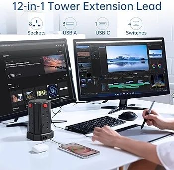 Tower Extension Lead, [13A 3250W] Surge Protector Extension Lead,8 AC Outlets & 4 USB Ports Multi Plug Socket Power Strip with 3M Extension Cable for Home, Office