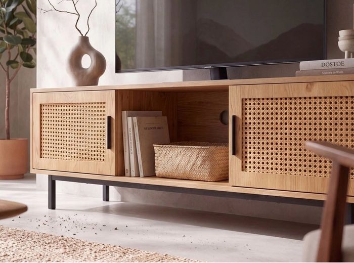 Modern 120cm Oak Effect TV Unit with Rattan Doors