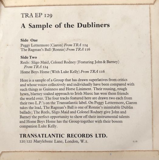 The Dubliners Sample EP Vinyl UK Irish Traditional