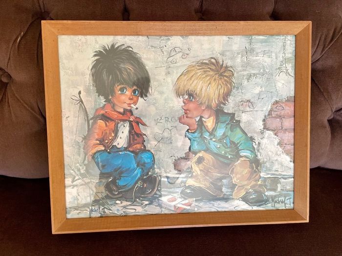 Vintage Teak Framed Certified Art print behind Glass Big Eye Art The Dropouts by Michael Thomas 1969