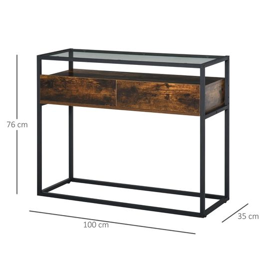 Entryway Console Table Desk with Drawers, Toughened Glass Shelf, 3D Wood Grain (FREE SHIPPING)