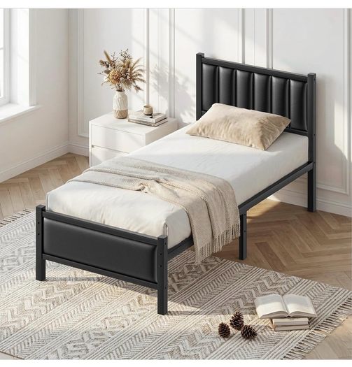 Single Bed Frame with Upholstered Headboard, 3ft