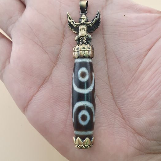 Vintage 6 Eyes Hiamalyan Tibetan Agate Bead Brass Pendant