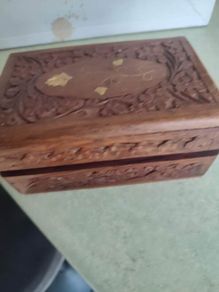 ANTIQUE Vintage Wooden Jewelry Box, Wooden Storage Box, Antique Jewelry Box, Inlaid Bone Jewelry Box, Wooden Carved Storage Box