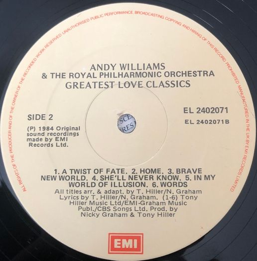 Andy Williams Vinyl Greatest Love Classics Irish Pressing