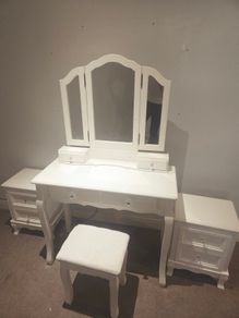 Classic White Dressing Table Set with 2 Bedside Lockers & Stool