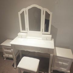 Classic White Dressing Table Set with 2 Bedside Lockers & Stool