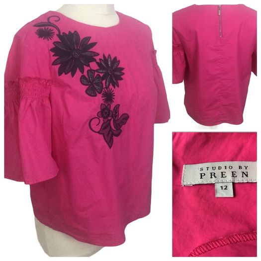 Studio preen pink & Navy embroidered short bell sleeve blouse size 12 includes postage