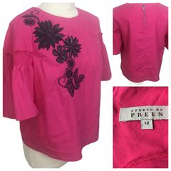 Studio preen pink & Navy embroidered short bell sleeve blouse size 12 includes postage