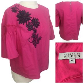 Studio preen pink & Navy embroidered short bell sleeve blouse size 12 includes postage