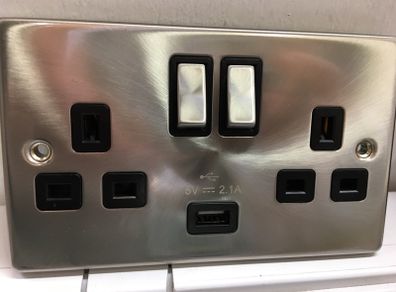 Twin Switched Socket with USB Satin Chrome