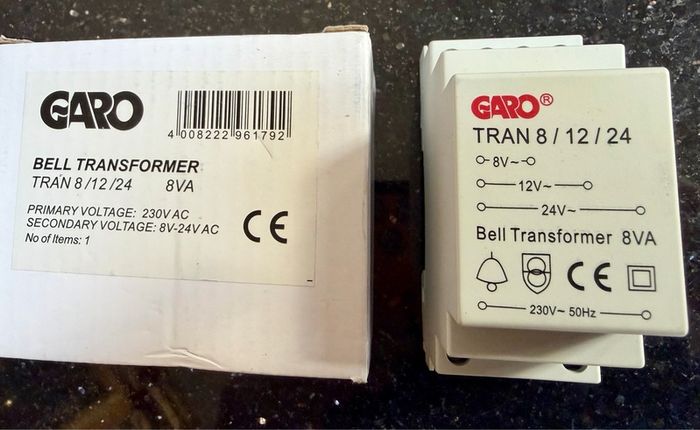 GARO door bell transformer , 230v - 8v/12v/24v , 8VA