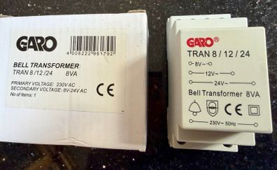 GARO door bell transformer , 230v - 8v/12v/24v , 8VA