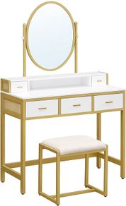 _Dressing table, dressing table with stool, cosmetic table with oval mirror and open compartment, drawers, modern, for bedrooms, dressing rooms, white and gold-colored