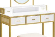 _Dressing table, dressing table with stool, cosmetic table with oval mirror and open compartment, drawers, modern, for bedrooms, dressing rooms, white and gold-colored