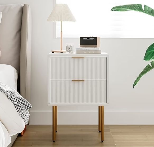 Small Bedside Tables with 2 Drawers, Wooden Nightstand with Gold Legs, Mid-Century Modern Bed Side End Table for Bedroom, Living Room, White