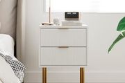 Small Bedside Tables with 2 Drawers, Wooden Nightstand with Gold Legs, Mid-Century Modern Bed Side End Table for Bedroom, Living Room, White
