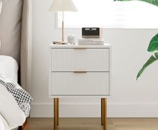 Small Bedside Tables with 2 Drawers, Wooden Nightstand with Gold Legs, Mid-Century Modern Bed Side End Table for Bedroom, Living Room, White