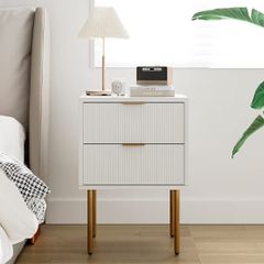 Small Bedside Tables with 2 Drawers, Wooden Nightstand with Gold Legs, Mid-Century Modern Bed Side End Table for Bedroom, Living Room, White