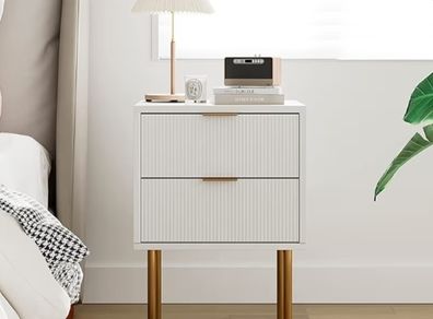 Small Bedside Tables with 2 Drawers, Wooden Nightstand with Gold Legs, Mid-Century Modern Bed Side End Table for Bedroom, Living Room, White