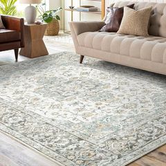 Rugs Living Room Large 200x300cm, Machine Washable Rug for Bedroom, Boho Soft Short Pile Area Rugs, Vintage Non Slip Kitchen Carpet for Dining Room Office, Beige