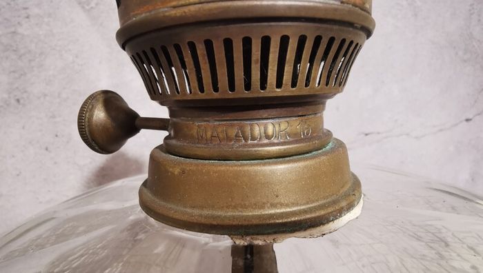 Antique Matador 15" Oil Lamp Glass Wood Base Brass Stem Burner Torch Light