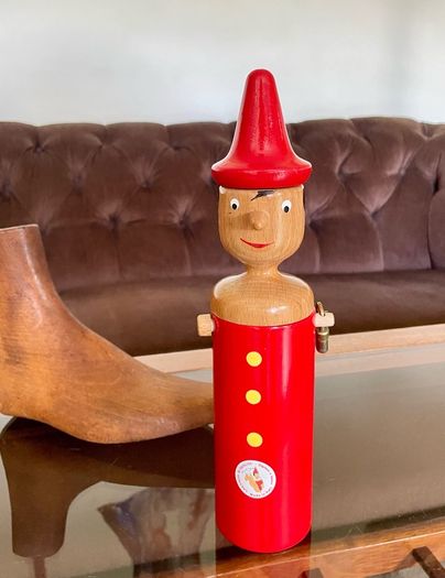 Vintage Tall Wooden Pinocchio Coin Bank with Lock and Keys Red Hand Painted Italy 29 cm