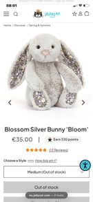 New JELLYCAT Medium Silver Blossom Bunny Bloom