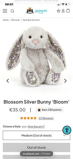 New JELLYCAT Medium Silver Blossom Bunny Bloom