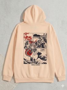 ROMWE Japanese Graphic Hoodie Oversized Peach/Beige
