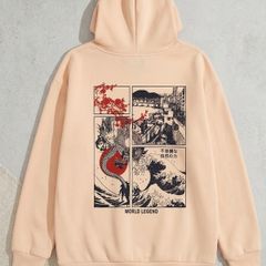 ROMWE Japanese Graphic Hoodie Oversized Peach/Beige