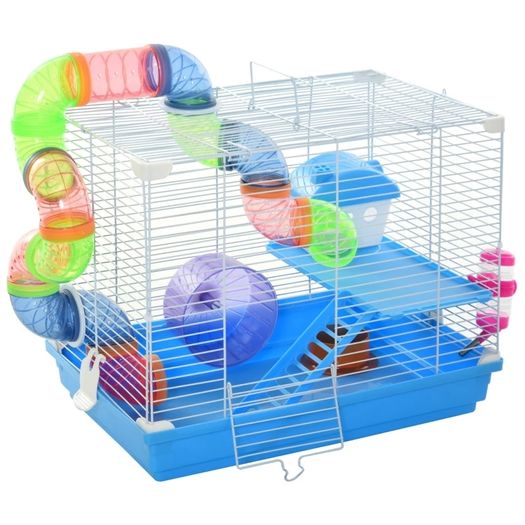2 Tier Hamster Cage, Gerbil Cage with Handle, Exercise Wheels, Tunnel, Tube, Water Bottle, Dishes, Ladder, for Dwarf, Blue