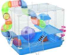 2 Tier Hamster Cage, Gerbil Cage with Handle, Exercise Wheels, Tunnel, Tube, Water Bottle, Dishes, Ladder, for Dwarf, Blue